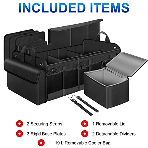 HAOKAY Collapsible Trunk Organizer with Insulated Leakproof Cooler Bag,Removable Lid,Adjustable Securing Straps,3 Compartments 5 in 1 Trunk Organizer for SUV,Truck,Sedan Jeep （95L - size: 3 Compartments with Cooler