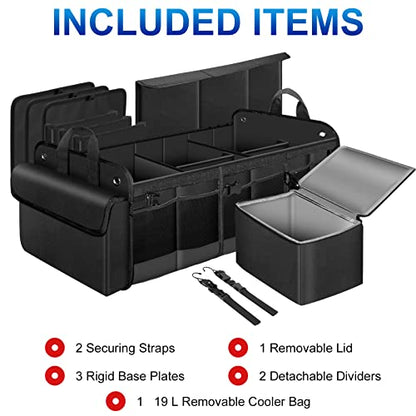 HAOKAY Collapsible Trunk Organizer with Insulated Leakproof Cooler Bag,Removable Lid,Adjustable Securing Straps,3 Compartments 5 in 1 Trunk Organizer for SUV,Truck,Sedan Jeep （95L - size: 3 Compartments with Cooler