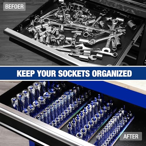 WORKPRO Socket Organizer Set, 4PC Impact Socket Holder, 1/4", 3/8", 1/2" Drive Metric Socket Trays, Impact Socket Organizer for Tool Box Drawer, Socket Storage Holds 94 Pieces (Socket not Included) | Fits Impact Sockets, Holds 94 Pieces Sockets, Large Cap