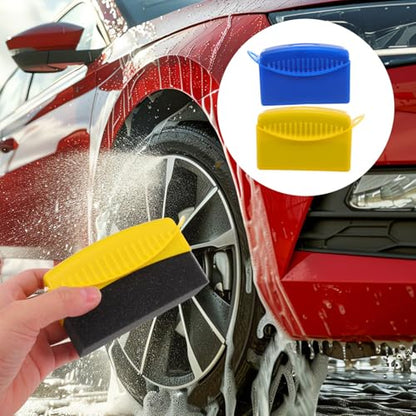 2pcs Car Tire Brush and Wax Applicator Pads with Case, Blue and Yellow Foam Sponge for Tire Shine and Interior Detailing, Reusable Vehicle Cleaning and Polishing Tool