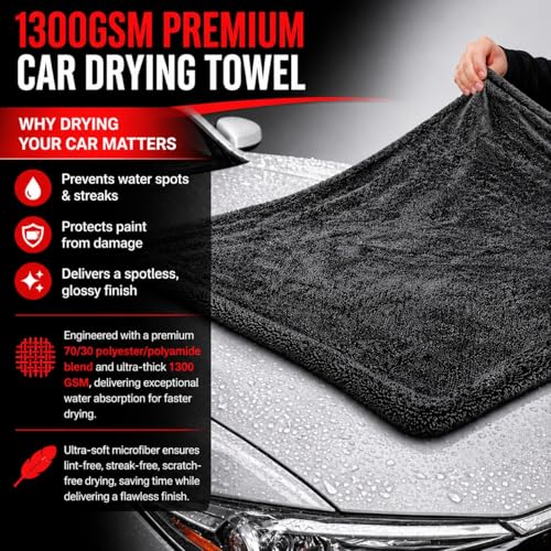 Microfiber Car Drying Towel & Interior Cleaning Cloth Set (2-Piece), 1300 GSM 24” x 36” Twisted Loop + 550 GSM 16” x 16” Coral Fleece, Streak-Free, Scratch-Free, Auto Detailing for Cars, Trucks & SUV