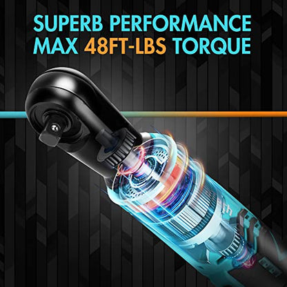 DURATECH Cordless Electric Ratchet Wrench Set, 48 Ft-lbs 3/8" 12V Power Ratchet Wrench with 2PCS 2.0Ah Li-Ion Battery, 1 Hour Fast Charger, 8PCS Sockets, Extension Bar, Adaptor, Variable Speed Trigger - style: Normal Head