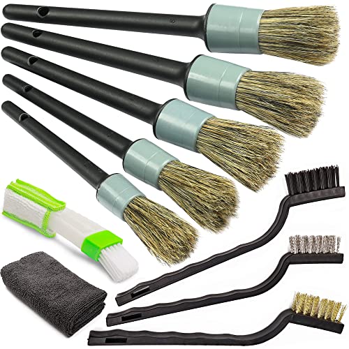 TAKAVU Car Detailing Brush Kit, 10 Piece Boar Hair for Interior | Detail Brushes, Wire Brush & Microfiber Towel for Engine Bay & Auto Interior Cleaning, Vents, Emblems & Trim