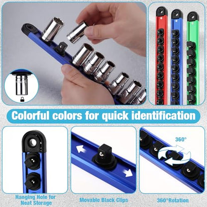 Ceenna 12 Piece Magnetic Socket Organizer Set, Heavy Duty Socket Holder, Sockets Rack Kit with 1/4-inch x 14 Clips, 3/8-inch x 14 Clips, 1/2-inch x 12 Clip, Gift for Men, Red, Blue and Green