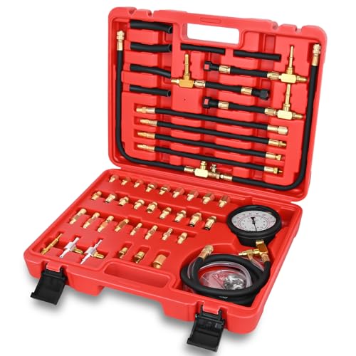GOOACC Fuel Injection Pressure Tester Kit - 0-140PSI Fuel Pressure Gauge with 6.30 7.89 9.49 Fuel Line Fittings, Gasoline Engine Diagnostic Tool for Car Truck SUV ATV