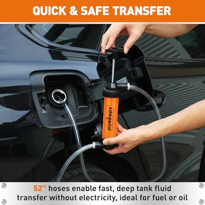 HORUSDY Multi-Use Siphon Transfer Pump Kit Hand Fuel Pumps for Gas Oil Water with Air Hose, Portable Manual Fuel Transfer Pump for Boat, Car, RV, Emergency, Lawn Mower Fluid Drainage - style: Orange(New model)