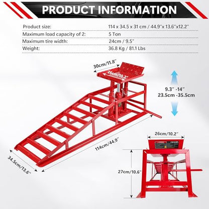 2PCS 5T Hydraulic Car Ramps, Heavy Duty Hydraulic Vehicle Ramps Lift Ramp, Portable Car Ramps for Oil Changes, with Wheel Chock Combo, Car Lifts for Home Garage, Vehicle Auto Garage Repair - color: Red +Wheel Chock (2pcs)