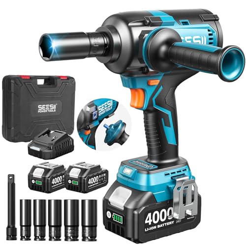 Seesii Upgraded Cordless Impact Wrench 885Ft-lbs (1200N·m): 1/2" Impact Gun with Detachable Side Handle, 21V High Torque Power Impact Driver 2x 4.0Ah Batteries for Family Car/Pickup Truck/Mower - color: With Handle 885 Ft-lbs / 2x4.0ah Battery