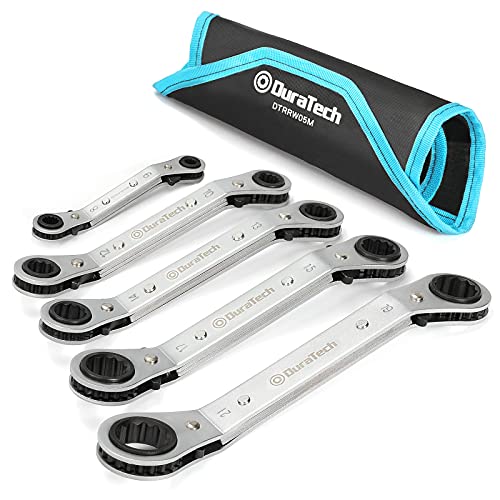 DURATECH 5 Pc Double Offset Box End Reversible Ratcheting Wrench Set Metric, Heavy-duty, Matte Chrome Plated, Ratchet Spanner Crooked for Narrow Spaces (6x8 mm, 10x12 mm, 13x14 mm, 15x17 mm, 19x21 mm) - size: Metric