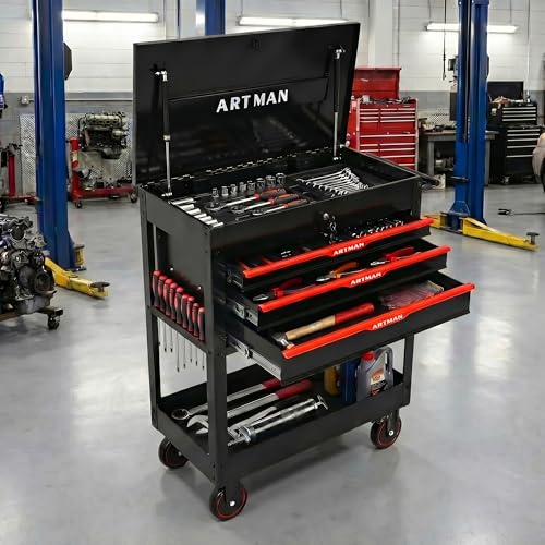 Rolling Tool Chest with Metal Top, 3-Drawer Tool Cart with Wheels, Black | Ball-Bearing Slides, Powder-Coated Finish, Side Tool Rack, Lockable, Locking Brakes, Ergonomic Push Handle - color: Black