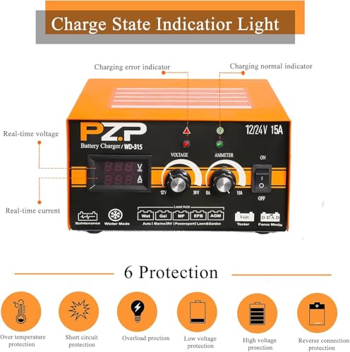 PZP 0-15Amp12V 24V Manual Battery Charger Maintainer, Arbitrarily Adjustable Car Battery Trickle Charger, Battery Desulfator with Repair, Winter Mode, Suitable for Motorcycle Car Truck Lawnmower Boat - color: Yellow-Manual