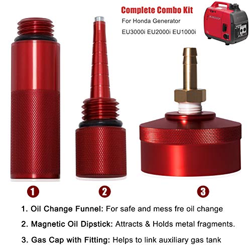 Upgrade Extended Run Fuel Gas Cap, Mess Free Oil Change Funnel & Magnetic Oil Dipstick Aluminum for Honda EU1000i EU2000i EU3000i Handi Generators | Red | 4 PACK