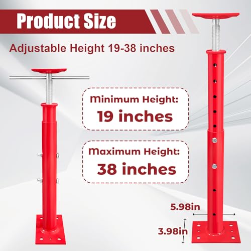 2 Pack Adjustable House Floor Jacks, 19"-38" Height Range Jack Post for Leveling, 2-3 Ton Lod Capacity Heavy-Duty Basement Support Screw Jack for House Foundation, Stairs, Porches, Roof Beams, Red - size: 19"-38" (2Pack)