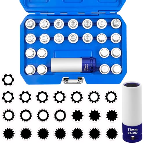 23PCS Wheel Locking Nut Key Kit Compatible with VW, Audi | Wheel Lock Nut Socket Adapter Set, Anti-Theft Lug Removal Tool, Anti-Theft Screw Remover, Repair Tool, Tyre Fitting, garage - color: 23pcs Kit