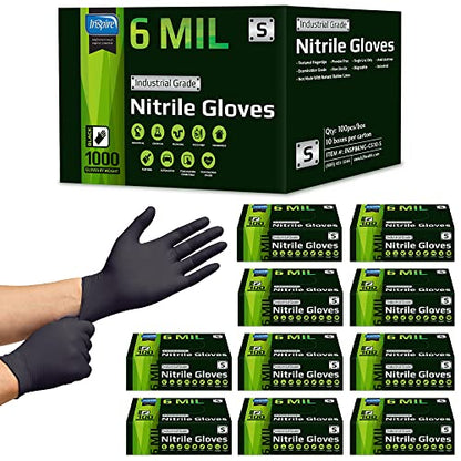 Inspire HEAVY DUTY 6Mil ORIGINAL Quality Stretch Nitrile Gloves Black Disposable Latex Free | Food, Industrial, Mechanic Tattoo (6Mil Black, Small)