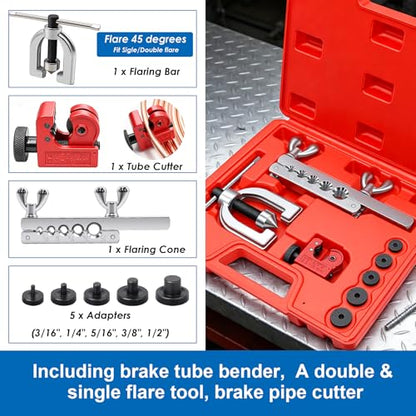 smseace 3/16 Inch+3/16 Inch Brake Line Flaring Tool Kit Include 25 FT Copper-Plated Brake Line Kit with 94pcs Fittings,8pcs Union,Tubing Bender,Double & Single Flare Tool,Cutter - color: Gold-B, size: 3/16inch+3/16inch