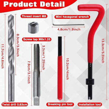 30 Piece M8x1.25 Thread Repair Kit, Metric Thread Repair Insert Kit with HSS Drill Bits Threads Inserts Taps Breakoff Installation Tools, Portable Rethreading Tool for Auto Repairing - size: M8 x 1.25mm