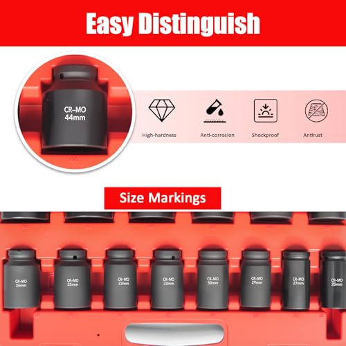 TONYNOL 1/2 Inch Drive Deep Impact Socket Set,6-Point, Metric Sizes(25-50mm),14 PCS,Cr-Mo Steel,Heavy Duty Impact Sockets for Automotive & Industrial Machinery,With a Storage Case - style: 1/2" Drive Metric Sizes(25-50mm)