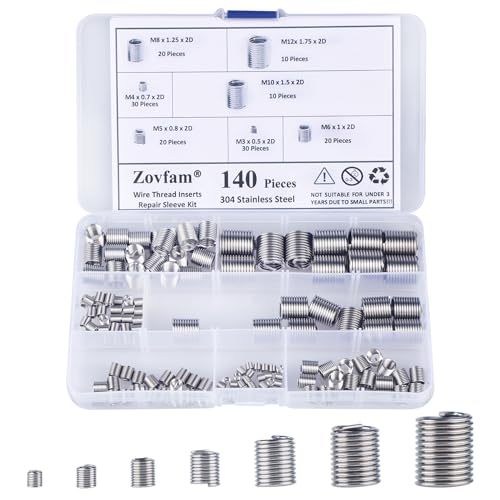 Thread Repair Inserts Kit 140PCS 304 Stainless Steel Metric Thread Insert | M3 M4 M5 M6 M8 M10 M12 Wire Thread Repair Inserts for Automotive, Machinery, Engine Repair