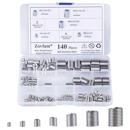 Thread Repair Inserts Kit 140PCS 304 Stainless Steel Metric Thread Insert | M3 M4 M5 M6 M8 M10 M12 Wire Thread Repair Inserts for Automotive, Machinery, Engine Repair