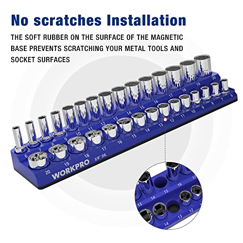WORKPRO Magnetic Socket Organizer, 3/8-Inch Metric Socket Holder | Hold 30-Piece Sockets, Suitable for Standard and Deep Socket, Magnetic Base, No Scratches Installation, Sockets not Included - size: 3/8" DR - Metric