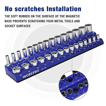 WORKPRO Magnetic Socket Organizer, 3/8-Inch Metric Socket Holder | Hold 30-Piece Sockets, Suitable for Standard and Deep Socket, Magnetic Base, No Scratches Installation, Sockets not Included - size: 3/8" DR - Metric