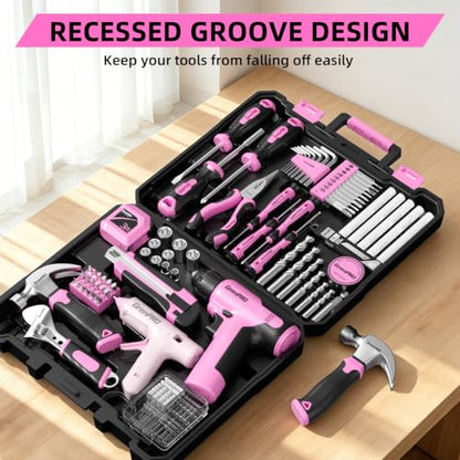 GRENPRO Pink Tool Set Drill Set, 188PCS Tool Kit For Home with Pink Cordless Drill Power, Tool Kit for Women &Men, Basic Household Auto Repair Hand Tool Box, Glue Gun Tools Sets & Drill Set for Women - style: Pink Power Drill Set 188PC