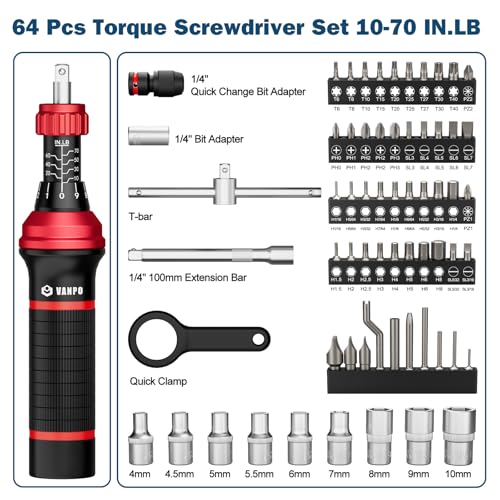 VANPO Torque Screwdriver, 10-70 In-lb, 64 Piece, Click Style for Gunsmith | 1 in-lb Increment, Grip ergonomics, 1/4 Inch Torque Wrench Screwdriver Set with S2 Bits for Electronics,Bike & Mounting
