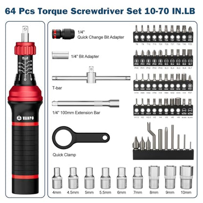 VANPO Torque Screwdriver, 10-70 In-lb, 64 Piece, Click Style for Gunsmith | 1 in-lb Increment, Grip ergonomics, 1/4 Inch Torque Wrench Screwdriver Set with S2 Bits for Electronics,Bike & Mounting