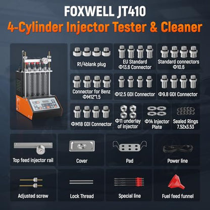 FOXWELL JT410 Fuel Injector Tester & Cleaner Machine, 4-Cylinder Ultrasonic Injector Cleaner with Heating, Featuring Visual Spray Pattern & Flow Rate, Resistance & Leak Test for 12V Injectors