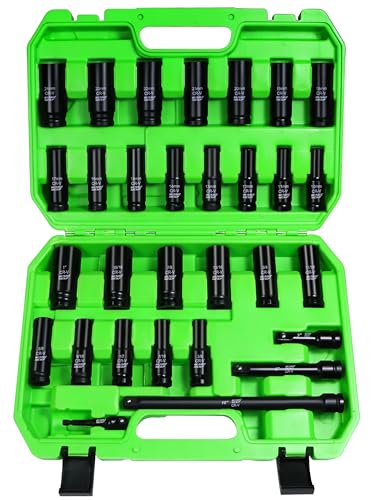 SUNHZMCKP 30-Piece 1/2" Drive Impact Socket Set, SAE (3/8"- 1") and Metric (10mm-24mm) Deep Socket Set, Including Impact Extension Bar 3 ", 5", 10" and 1/2" Socket Adapter, 6 Point Design, CR-V - size: 30-Pc 1/2" Drive Impact Socket Set