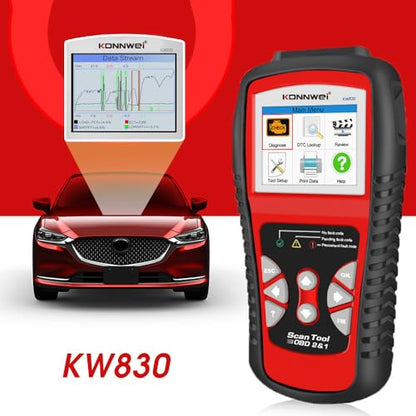 KONNWEI KW830 OBD2 Scanner Diagnostic Tool, Check Engine Light Reset, Live Data Stream, Emission Test, Battery Health Detection, Fault Code Reader, OBDII Scan Tool for for All Cars & Trucks After 1996