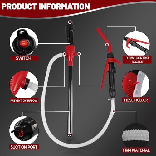 FUELIO Gas Transfer Pump Battery Powered - Fuel Transfer Pump with Nozzle - Battery Operated Gas Pump With 3 FT Long Hose 2.2 GPM Transfer Pump For Water Kerosene Gas Can… - color: Red