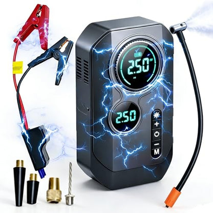 Portable Car Battery Jump Starter with Air Compressor | 9000A Jumper Pack, 200PSI Tire Inflator, 4-in-1 Car Emergency Tool, Power Bank, Gift for Car Owners