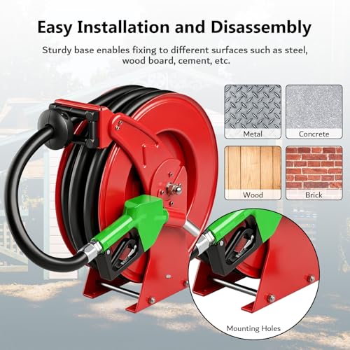 3/4" x 33ft Fuel Hose Reel, Extra Thick Steel, 300PSI Diesel Fuel Transfer Hose, 3/4 Inch Retractable Hose Reel with Fuel Nozzle Working with Pump & Tank - color: Red, size: 3/4" x 33ft