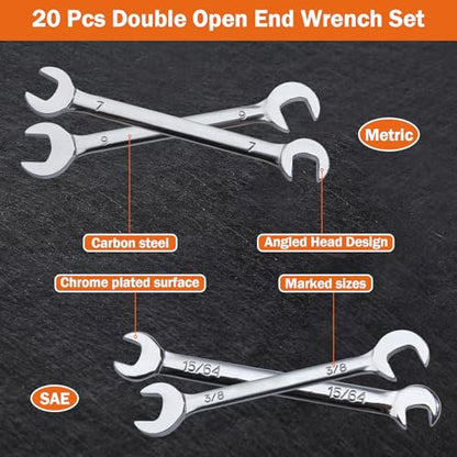 Mini Double Open End Wrench Set Metric and SAE 20 Pcs 4-11mm & 5/32" to 7/16" Mirror Chrome Finish Super Thin Open Ended Spanner Double Angle Head with Portable Storage Pouches - style: Metric & SAE (Double Open End)