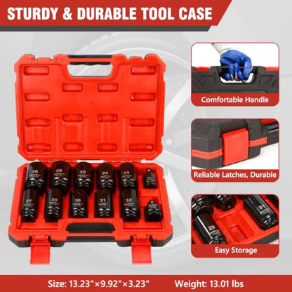 1/2" Metric Impact Socket Set 12PCS, CR-MO, 6-Point,27-38mm | 78mm Deep Socket set, Includes 3/4" to 1/2" Adapter & U-Joint. Ideal heavy-duty kit for car and truck lug nut repair - size: 1/2" | Metric|12-PCS