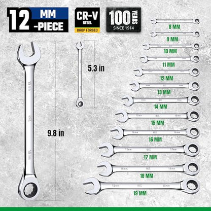 SK Ratcheting Wrench Set, Combination Wrench Set, 12-Piece, Metric 8 to 19mm, 72-Tooth, Premium CR-V Construction, with Rack Organizer - size: Metric