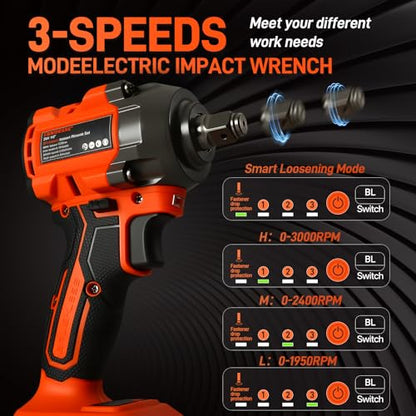 COMOWARE 650N.m (480 ft-lbs) Cordless Impact Wrench, 1/2" Brushless High Torque Impact Gun, 20V 4.0Ah Battery & Fast Charger, 6 Sockets w/case, 3-Speed Control (0-3000RPM), Gift for Dad