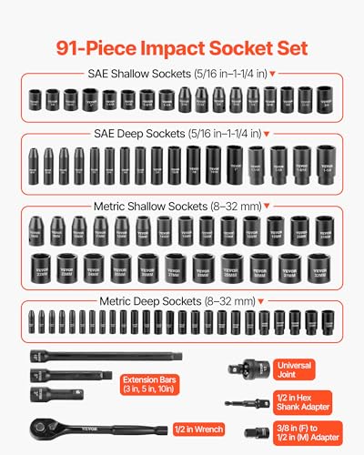 VEVOR 91-Piece 1/2" Drive Impact Socket Set, SAE (5/16" to 1-1/4") & Metric (8 to 32 mm), CR-V, Deep & Shallow, 6 Point, Ratchet Handle, Universal Joint, Adapters, Extension Bars (3, 5, 10 in) - style: 1/2" 91 PCS
