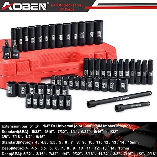 AOBEN 1/4-Inch Drive Impact Socket Set, 54 Pieces, 6 Point, SAE/Metric, (5/32" - 9/16" ，4mm -15mm)，Deep/Shallow, Cr-V Steel, Includes Extension bars and Socket Adapter - size: 1/4-Inch 54PCS