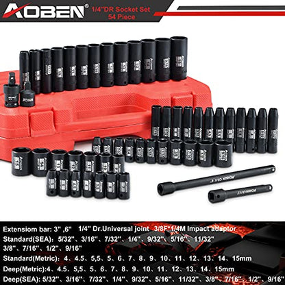AOBEN 1/4-Inch Drive Impact Socket Set, 54 Pieces, 6 Point, SAE/Metric, (5/32" - 9/16" ，4mm -15mm)，Deep/Shallow, Cr-V Steel, Includes Extension bars and Socket Adapter - size: 1/4-Inch 54PCS