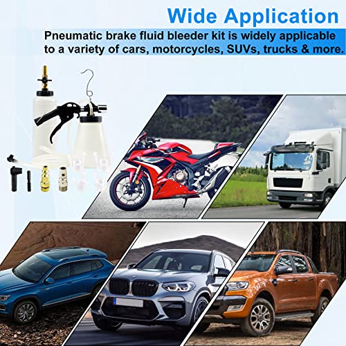 JoyFans 1L Capacity Pneumatic Brake Fluid Bleeder Extractor Tool Vacuum Brake Bleeder Kit with 90-120 PSI Master Cylinder Adapters Fluid Refill Bottle for Fluid Change on Motorcycle Car