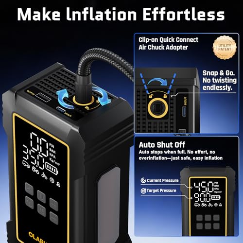 OlarHike Powerful 12000mAh Heavy Duty Tire Inflator Portable Air Compressor, 7X Faster, 150PSI Dual Power 12V&Cordless Air Pump for Car Tires, Pickup Trucks, Jeeps, SUVs & RVs. Digital Pressure Gauge