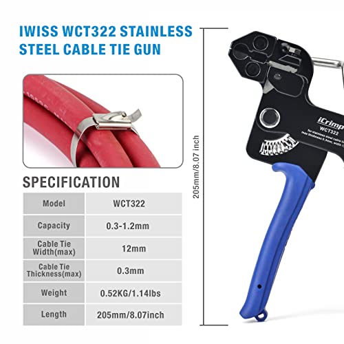 IWISS WCT322 Stainless Steel Cable Tie Gun Kit for Fastening and Cutting up to 12mm Width Metal Zip Ties, c/w 100 Pieces Stainless Steel Cable Zip Ties, Zip Tie Gun