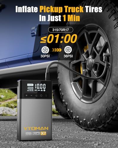 VTOMAN X7 Jump Starter with Air Compressor, 4250A&160PSI Pickup Trucks & Suvs Battery Car Jumper Starter Portable(10L Gas/10L Diesel) with Auto-Shutoff Tire Inflator, 12V Lithium Booster Box, QC3.0 - color: Gray