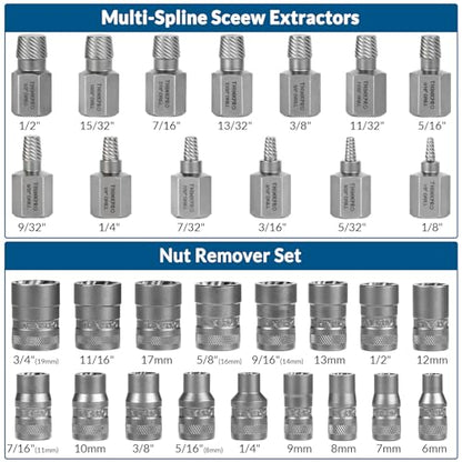 Screw & Bolt Extractor Set and Left Hand Drill Bit Kit, 54 PCS | Easy Out Stripped Screw Remover, Hex Adapter, Lug Nut Remover, For Broken, Damaged, Rusted, Rounded-Off Studs - color: 54-piece