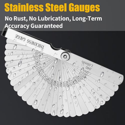 Hoiny 2pcs Feeler Gauges Set Stainless Steel, Spark Plug Gap Tool | 32 Straight & 16 Angled Blades, Dual Marked SAE/Metric Wider Range, Filler Gauges Kit for Valves, Automotive, Piston, Guitar
