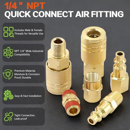 48PCS 1/4" Air Coupler Plugs & Male Female Air Hose Fittings Kit, NPT Thread Air Compressor Fitting with 1Pcs 360 Degree 1/4 Inch Quick Connect Air Line Fitting for Industrial