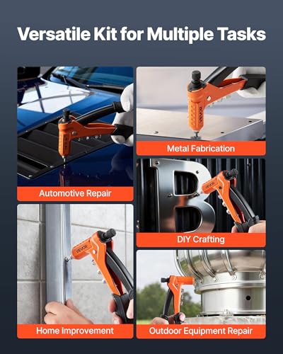 VEVOR Rivet Nut Tool Kit, 9-Inch One-Handed Rivnut Tool Kit, with 8 Mandrels, a Step Drill Bit and 80 Nuts, Metric and SAE Size M3, M4, M5, M6, 6-32, 8-32, 10-24, 1/4-20 UNC, with a Carrying Case - size: 9", style: RIVET NUT TOOL